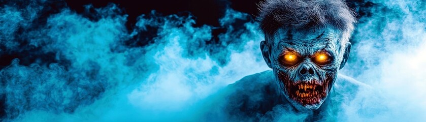 Eerie Ghoul Emerging from Foggy Background