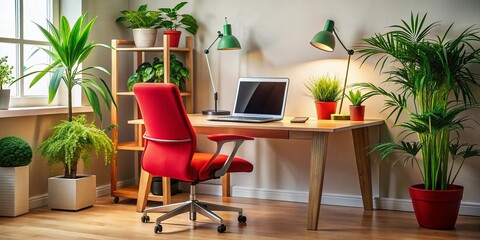 Cozy Computer Desk Setup with Red Chair and Indoor Plant for Home Office Inspiration, Stylish Workspace Decor, Modern Furniture, Ergonomic Design, and Natural Elements