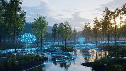 Obraz premium A tranquil forest scene with a river winding through it, with digital network connections emanating from the trees and reflecting in the water at sunrise.