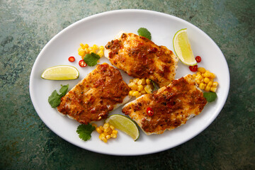 White fish fillet with pepper paste and corn
