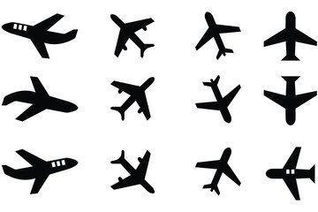 Airplane icon, vector set. Silhouettes of airplanes vector. Plane icon, logo design. Aircraft vector sign symbol. Travel and transport icon, symbol. Cargo, aviation, airliner, Vector illustration.