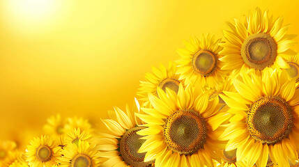 Fototapeta premium A field of sunflowers, with a bright yellow background. The sunflowers are in focus, and the background is blurred.