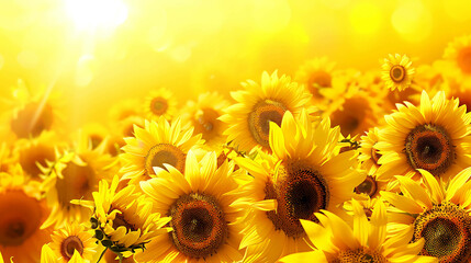 Fototapeta premium A field of sunflowers, with their bright yellow petals and dark brown centers, stretching as far as the eye can see. The sunflowers are in full bloom.