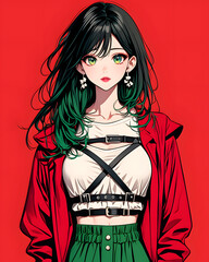 Fototapeta premium Anime Girl with Green Hair and Red Jacket - Digital Art Illustration