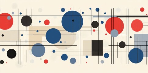 Abstract background with geometric shapes and lines in blue, red, and beige colors