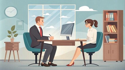 Job interview, flat modern illustration of a man talking to a young woman. Isolated on background