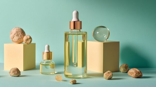 Botellas de cosm&eacute;ticos con gotero en un fondo pastel con piedras decorativas, representando productos de belleza y cuidado personal. Ideal para temas de cosm&eacute;tica natural y lujo.


