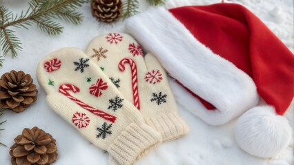 Fototapeta premium Christmas mittens with candy cane design and Santa hat in snow