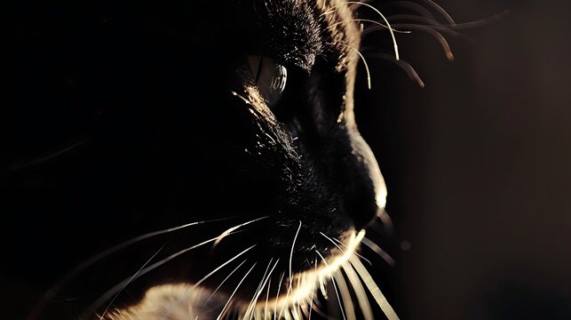 A close-up of a black cat's face. The cat is looking to the right of the frame. Its eyes are wide and its whiskers are flared.
