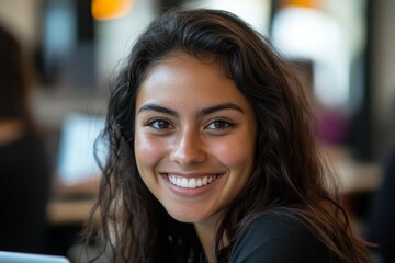 Obraz premium Radiant Smile: Capturing the Joy and Confidence of a Young Woman in a Modern Workspace Environment