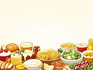 A colorful assortment of various foods and beverages arranged on a table.