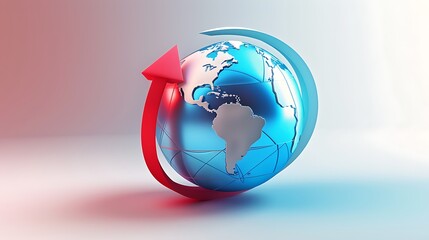 3D rendering of a blue and silver globe with a red arrow wrapped around it. The globe is on a white background and there is a spotlight on it.