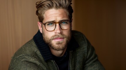 Obraz premium Intellectual Appeal: A refined look marked by a thoughtful expression and poised presence, enhanced by stylish eyewear that reflects wisdom and insight. 