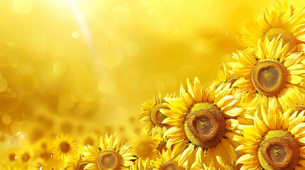 Fototapeta premium Bright yellow sunflowers in full bloom against a blurred background of sunshine and light.