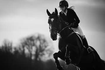 Fototapeta premium A rider in action with her horse, demonstrating elegance and speed in a breathtaking moment. The black and white capture highlights the intensity of the event. Generative AI
