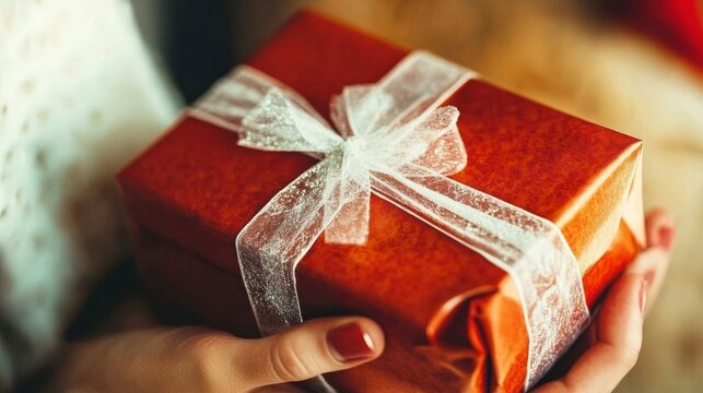  Caja de regalo envuelta en papel rojo con un lazo de encaje blanco, sostenida por manos femeninas. Escena &iacute;ntima y festiva, ideal para temas de celebraciones y regalos.

