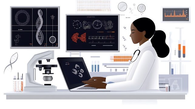 Business woman working on laptop, focused on screen, technology icon, vector illustration