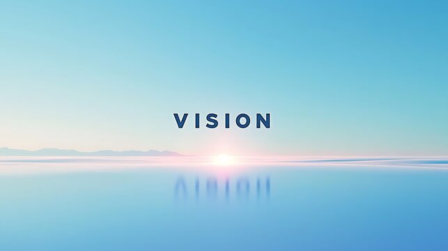 A serene image featuring calm waters reflecting a clear blue sky with the word "VISION" prominently displayed above the horizon.