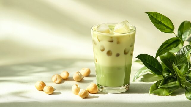 Refreshing iced matcha latte with macadamia nuts and greenery in sunlight