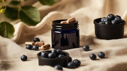 Blueberry supplements and fresh berries on natural fabric background