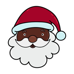 Black Hand Draw Santa Claus Head. Cheerful Santa Claus cartoon head sticker with red hat and white beard.