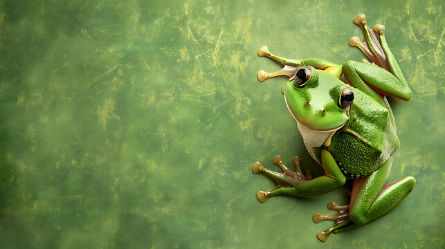 A green frog sits on a green leaf. The frog is looking at the camera. The frog is in focus and the background is blurred.