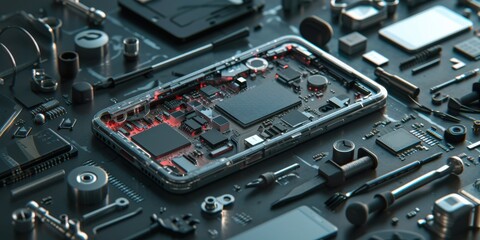 Fototapeta premium Circuitry and Precision Unite in Technology, Electronic Components Engaged in Harmony, The Silent Language of Digital Architecture.