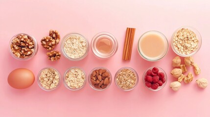 Naklejka premium Diversos ingredientes y especias como avena, nueces y frambuesas dispuestos en un fondo rosa, formando una composición atractiva y saludable para recetas o alimentación.