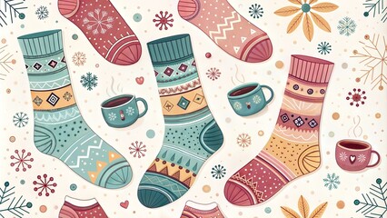 Winter socks and hot cocoa pattern with festive elements