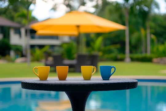  Cuatro tazas de colores sobre una mesa redonda junto a una piscina, con un paraguas amarillo al fondo, evocando un ambiente tropical y de relax al aire libre.

