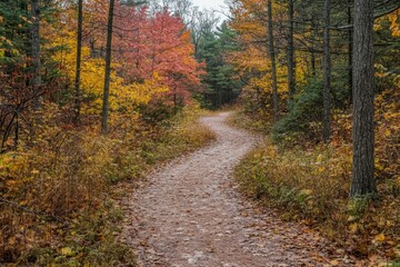 Obraz premium Exploring the Beauty of Autumn: A Winding Path Through Vibrant Foliage and Tranquil Forest Scenery