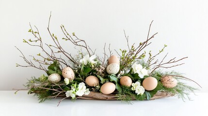 Obraz premium Spring floral arrangement with pastel eggs in a delicate display for Easter celebrations