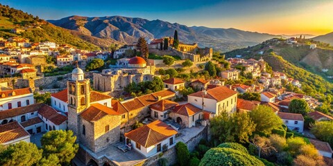 Stunning View of an Old Church in Pano Lefkara Village, Cyprus Surrounded by Majestic Mountains - A Travel Destination for Landscape Photography Enthusiasts
