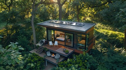 Naklejka premium An aerial view of a sleek tiny house set in a lush forest, emphasizing simplicity and sustainable living, with solar panels and an outdoor seating area.