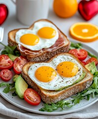  Tostadas con huevos fritos, aguacate y ensalada de tomate, un desayuno saludable y colorido.
