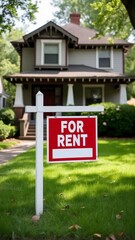A sign that says FOR RENT is posted in front of a neat old house with a beautiful yard