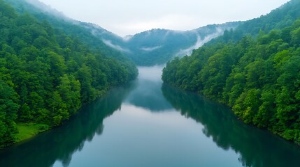 Explore the serene beauty of fog-covered mountains reflecting on tranquil waters