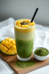 Refreshing mango matcha smoothie with fresh fruit and powder