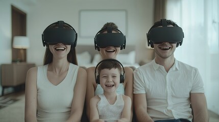 Families enjoy virtual reality experience together while smiling and laughing in a cozy living room