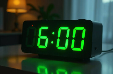 A vibrant digital clock shows the time as six o\'clock in a warmly lit room featuring indoor plants and a lamp, creating a soothing atmosphere