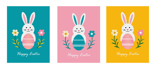 Easter greeting card vector set of colorful flat geometric rabbit animal mosaic with spring nature,flyer, banner, social media poster