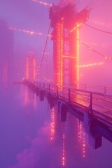 Fototapeta premium Bridge adorned with glowing lights against a misty backdrop, merging architectural grace with dreamy illumination, creating a serene and magical ambiance.