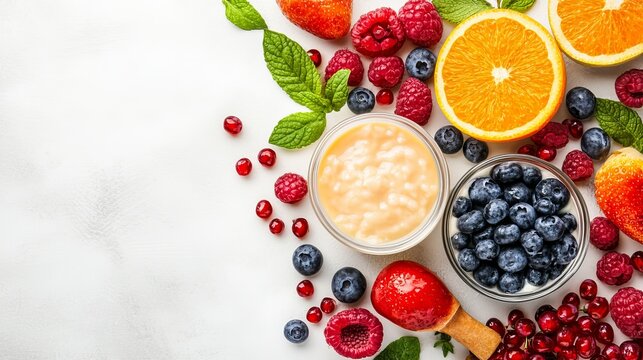 Taz&oacute;n de yogur con ar&aacute;ndanos, fresas y c&iacute;tricos frescos sobre una superficie clara. Composici&oacute;n saludable ideal para desayunos nutritivos.
