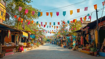 Naklejka premium Vibrant outdoor market with colorful flags, diverse stalls, and lively atmosphere
