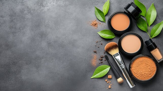  Polvos, brochas y base de maquillaje dispuestos con hojas verdes sobre fondo gris. Concepto de belleza sostenible con productos naturales.
