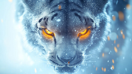 A powerful feline approaches with glowing eyes, surrounded by a snowy landscape under soft dusk light