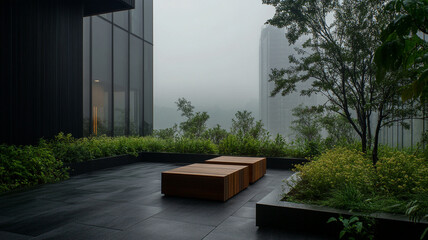 serene outdoor garden featuring laminate benches surrounded by lush greenery and misty buildings in background, creating tranquil atmosphere