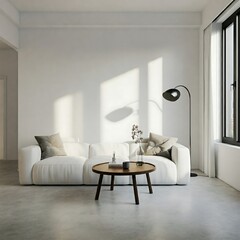 Obraz premium White sofa, two black coffee tables, floor lamp, neutral tones. Calm, serene atmosphere. No transparent background., interior, room, sofa, furniture, home, living, wall, design, couch, chair, floor, h