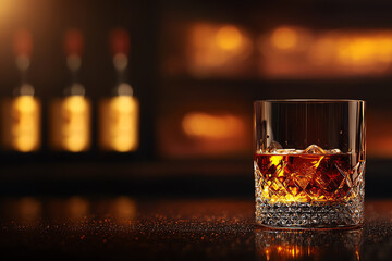 Classic glass of Japanese whisky on dark polished bar, rich amber light, blurred bottles behind, warm and inviting highend scene