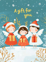 Fototapeta premium Charming Christmas Illustrations with Featuring Angels: Cute Holiday Designs for Cards, Wallpapers, T-Shirts, Posters & Decor